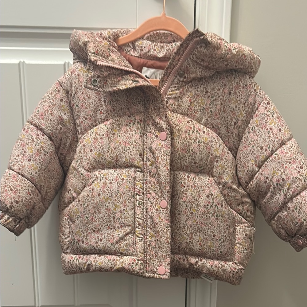 Zara Pink Puffer Jacket with Floral Design